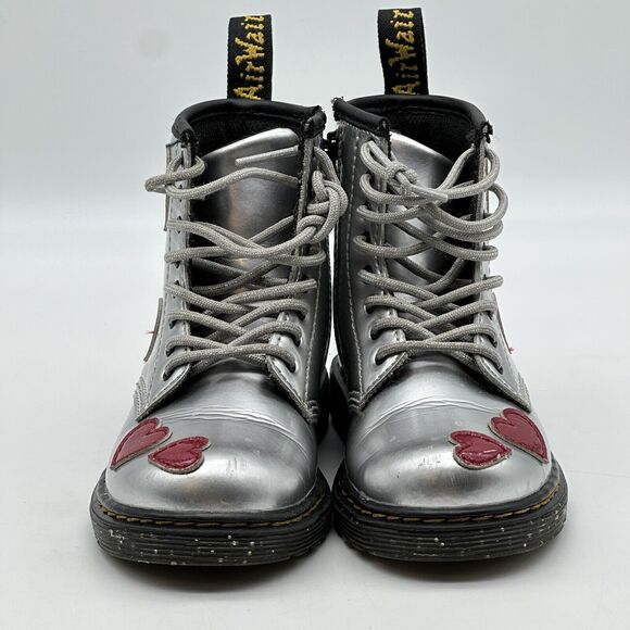 Dr. Martens Silver Kids Boots with Red Heart Accents - Picture 5 of 12